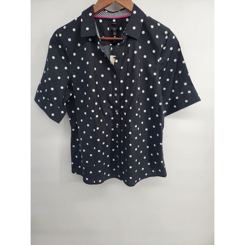 Talbots Womens Navy Blue White Polka Dot Short Sleeve Button Up Shirt Size 14 P